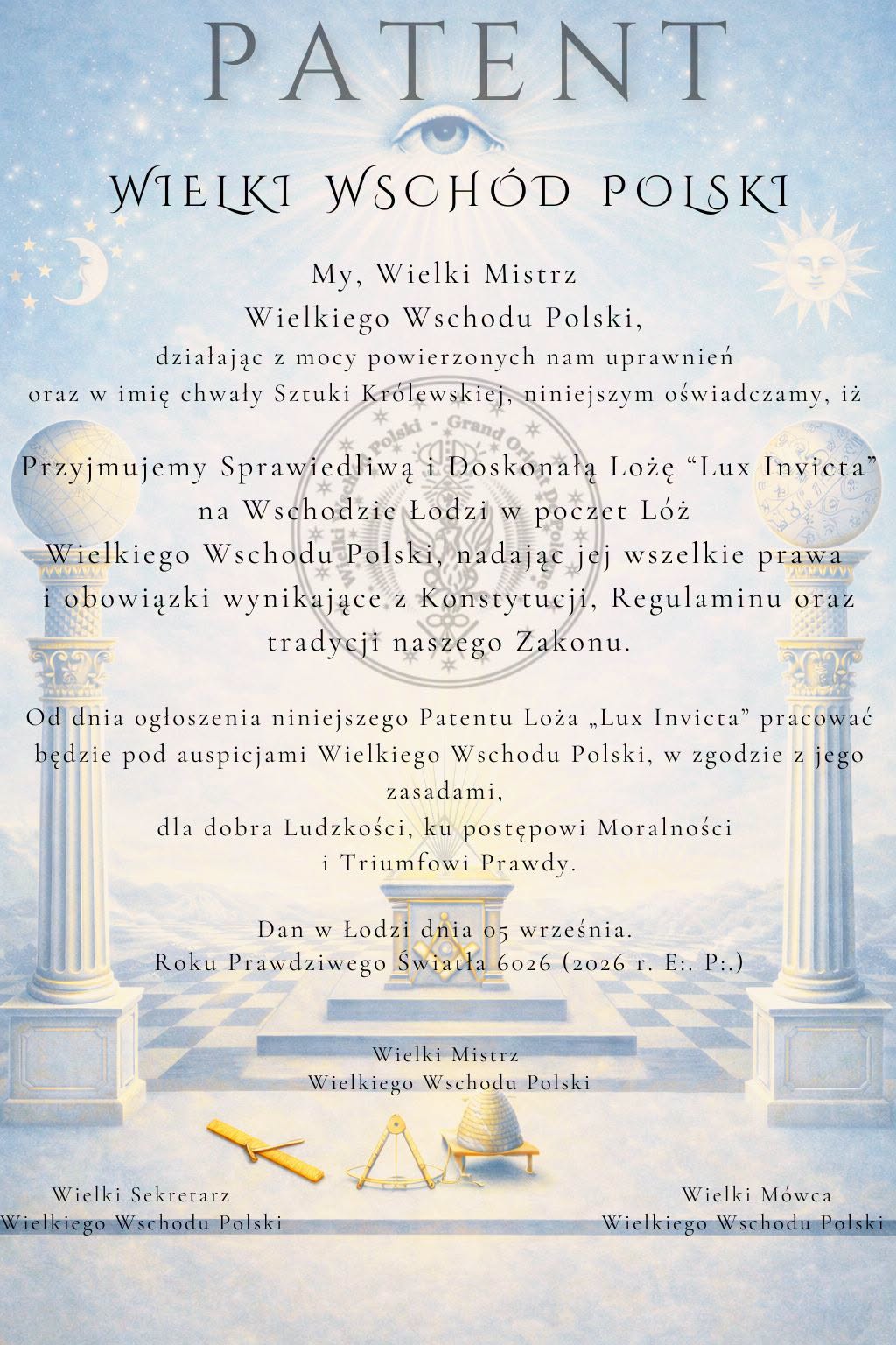 Patent przyjęcia Loży Lux Invicta do Wielkiego Wschodu Polski